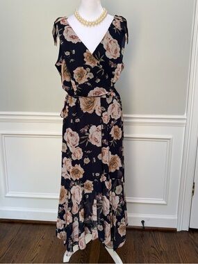 White House Black Market Navy Chiffon Maxi Wrap Dress with Blush Floral 14